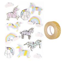 13 stickers 3D Licornes 5 cm + masking tape doré à paillettes 5 m