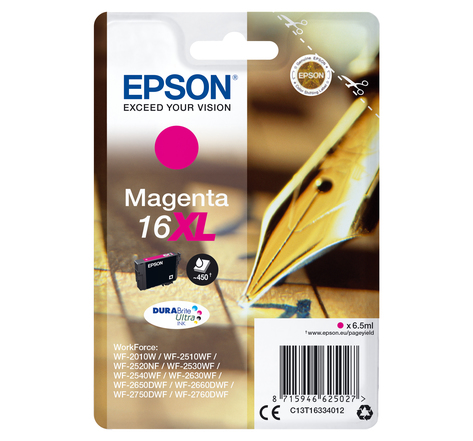 Epson singlepack magenta 16xl durabrite 16xl cartouche dencre magenta haute capacite 6.5ml 450 pages 1-pack rf-am blister