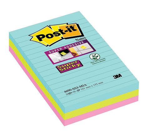 Bloc de notes Super Sticky lignées, 101 x 152 mm, collection multicolore Miami, 90 feuilles (paquet 3 unités)
