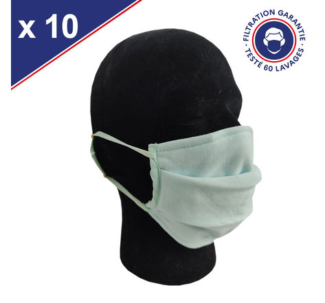 Masque Tissu Catégorie 1 Lavable x60 Bleu Ciel Lot de 10