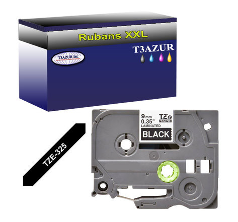 Ruban pour étiquettes laminées générique Brother Tze-325 pour étiqueteuses P-touch - Texte blanc sur fond noir - Largeur 9 mm x 8 mètres - T3AZUR