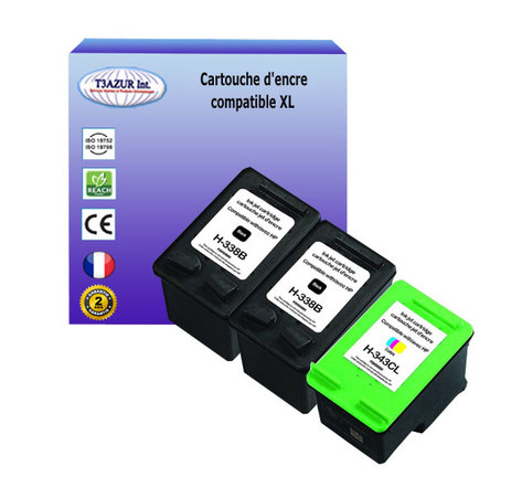 2+1 Cartouches compatibles avec HP PhotoSmart 2613, 2615, 2710, 2710xi, 2713, 7800, 7830, 7850, 7850v, 7850xi, 8000 remplace HP 338, HP343- T3AZUR