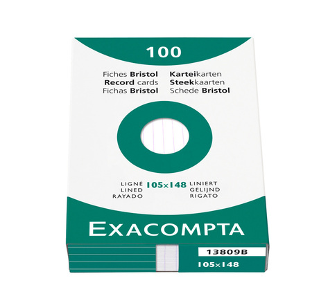 Étui de 100 fiches bristol blanc ligné non perforé 105x148mm Blanc EXACOMPTA