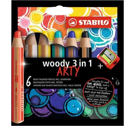 Etui carton x 6 crayons multi-talents STABILO woody 3in1 ARTY + 1 taille-crayon