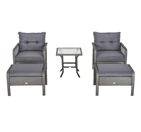 Outsunny Lot de 2 fauteuils de jardin grand confort repose-pied table basse résine tressée et filaire imitation rotin coussins gris