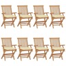 Vidaxl chaises de jardin avec coussins blanc crème 8 pcs teck massif