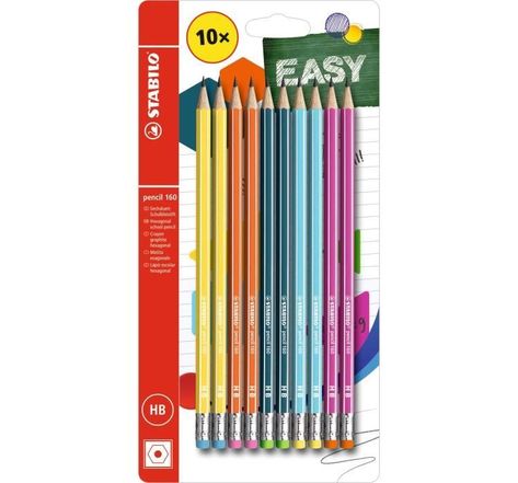 Blister x 10 crayons graphite STABILO pencil 160 bout gomme HB - 5 coloris assortis