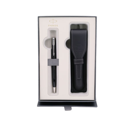 PARKER Sonnet stylo bille, laque noire, attributs palladium, Recharge noire pointe moyenne, Coffret cadeau + étui cuir noir