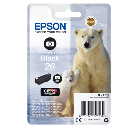 EPSON Singlepack Photo Black 26 Claria P 26 cartouche encre photo noir capacite standard 4.7ml 200 photos 1-pack RF-AM blister