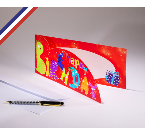 Carte double Extravagance créée et imprimée en France sur papier certifié PEFC - Happy Birthday en monstres - Découpe nuage et or à chaud