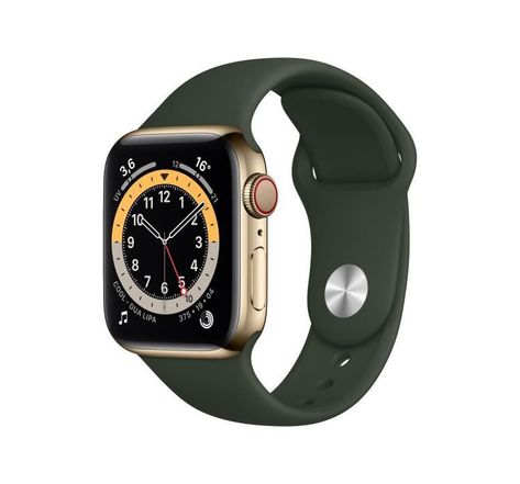 Apple Watch Series 6 GPS + Cellular, 40mm Boîtier en Acier Inoxidable Or avec Bracelet Sport Vert de Chypre