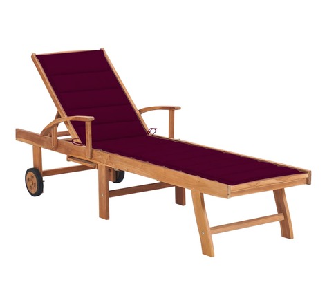Vidaxl chaise longue avec coussin rouge bordeaux bois de teck solide