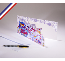 Carte double extravagance créée et imprimée en france sur papier certifié pefc - happy birthday grafitis - découpe étoile et dorure rouge
