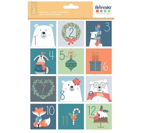 24 stickers carrés calendrier de l'Avent - Ours de Noël