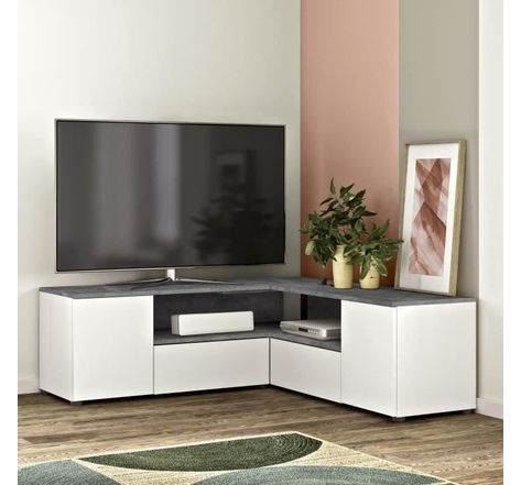 Meuble TV D'angle 4 portes - Effet béton et blanc - L 130 x P 130 x H 46 cm - SYMBIOSYS