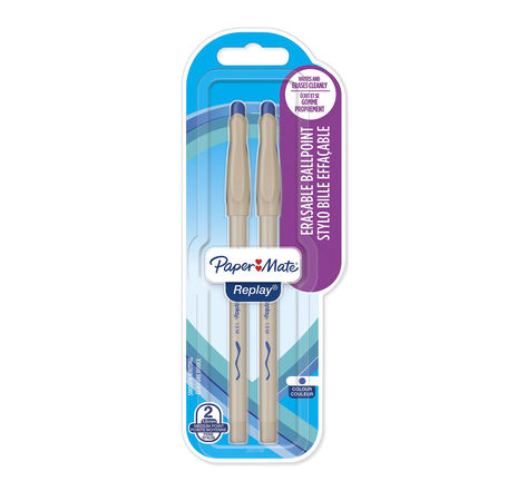 Paper Mate Replay - 2 Stylos bille gommable - Bleu - Pointe moyenne 1.0mm - sous blister