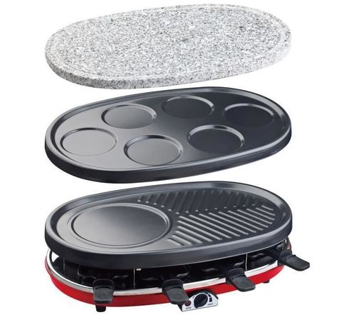 HKoeNIG RP418 - Appareil a Raclette 4 en 1 - 8 personnes - 6 mini crepes - Grill - Température réglable - 1500W  - Plaques amovibles