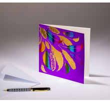 Carte double sparkle - plumes - papier paillette violette, dorures arc-en-ciel et or