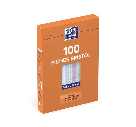 Etui 100 fiches bristol 210g non Perforées Q 5x5 mm Format A5 Assorties OXFORD