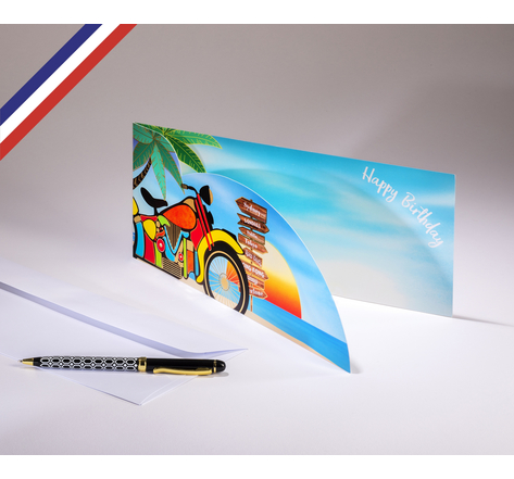 Carte double Extravagance créée et imprimée en France sur papier certifié PEFC - Happy Birthday - Moto - Découpe nuage et or à chaud