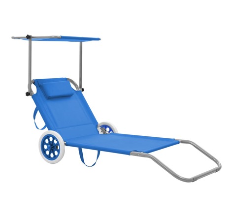 vidaXL Chaise longue pliable avec auvent et roues Acier Bleu