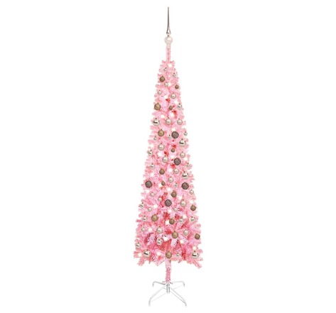 Vidaxl arbre de noël mince avec led et boules rose 210 cm