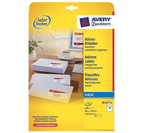 Étiquettes adresse Pour enveloppes C5/C6 99,1 x 33,9 mm 25 feuilles / 400 éti... AVERY ZWECKFORM