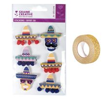 6 stickers 3D Chapeaux mexicains Sombreros 5,5 cm + masking tape doré à paillettes 5 m