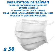 50 Masques chirurgicaux CE fabriqué à Taïwan de qualité médicale - Filtration ≥ à 99% - Type II CE EN14683:2019 - Coloris Blanc