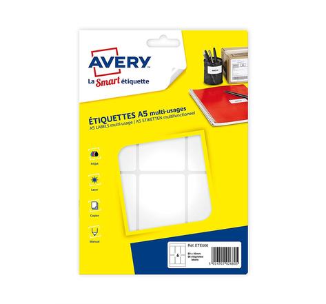 Sachet de 96 étiquettes multi-usage blanches 80 x 45 mm. Planche format a5. Avery