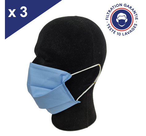 Masque Tissu Lavable x10 Bleu Ciel Lot de 3