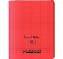 Cahier 48 pages seyès 90 g avec couverture polypropylène rouge 3 rabats  format 17 x 22 cm conquerant