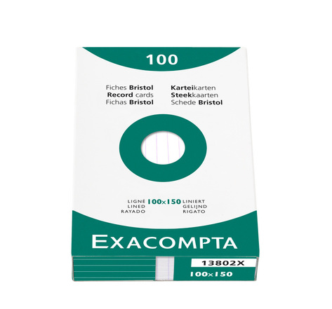Étui de 100 fiches bristol ligné non perforé 100x150mm Blanc EXACOMPTA