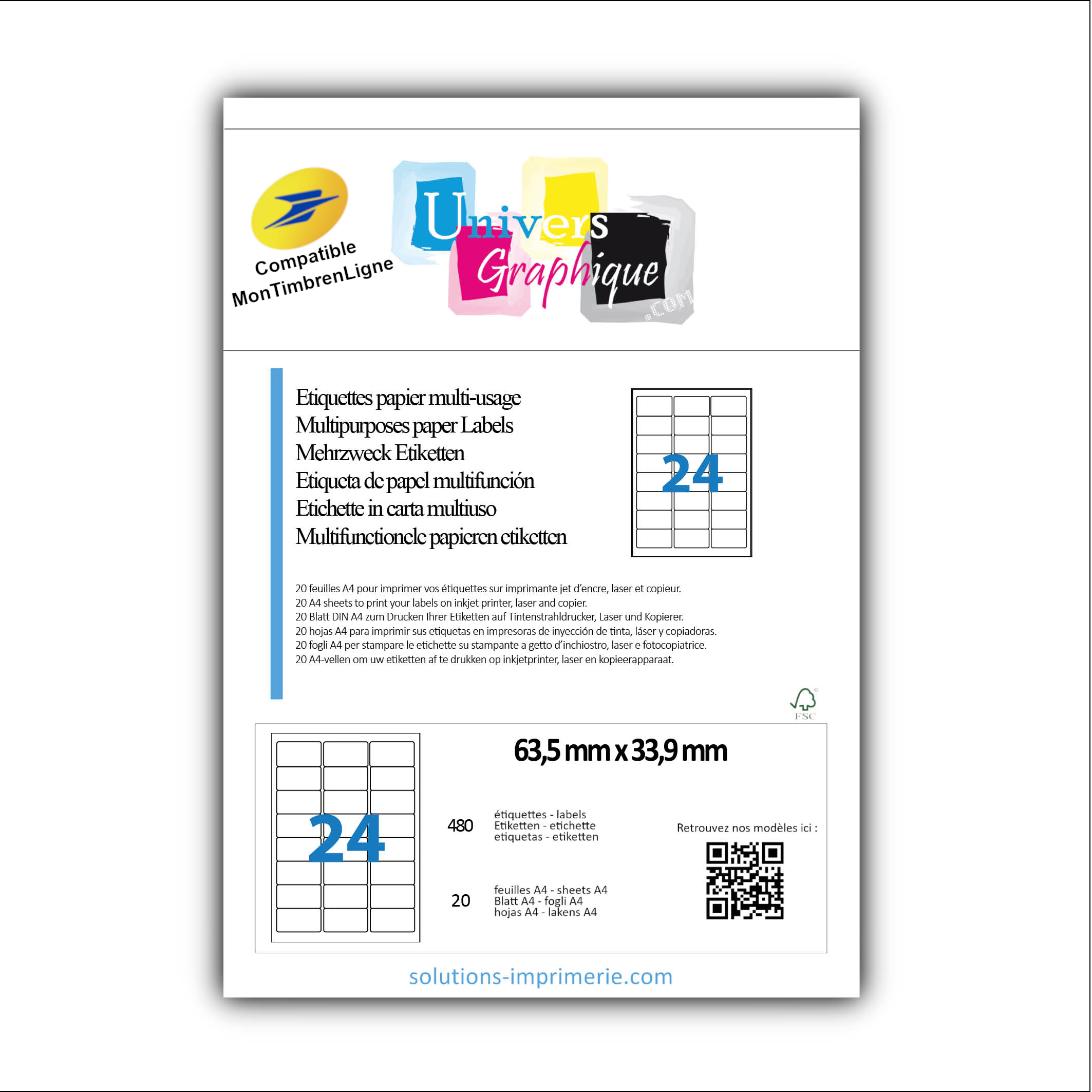 20 planches de 24 = 480 étiquettes autocollantes papier adhésif blanc compatible mon timbre en ligne ou FBA AMAZON- 63,5 x 33,9 mm L7159 TVA DÉDUCTIBLE 