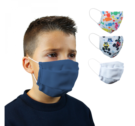 Lot de 2 masques de protection visage lavable 50 fois pour enfant - 3 couches en tissu - Bleu marine - Certifié UNS1
