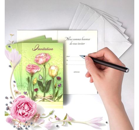 Lot 5 cartes invitation champêtre fleurs roses avec 5 enveloppes blanches 9x14cm