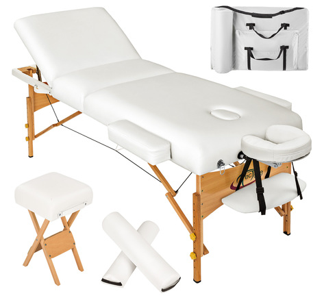 Tectake Table de massage Pliante 3 Zones, Tabouret, Rouleau + Housse - blanc