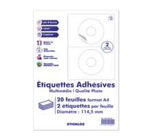 20 Planches A4 - 2 étiquettes diametre 114,5 mm autocollantes mutimedia CD qualité photo par planche pour tous types imprimantes - Jet d'encre/laser/photocopieuse