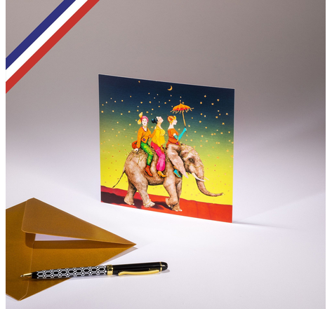 Carte simple Les Reine créée et imprimée en France - Trois dames sur un éléphant