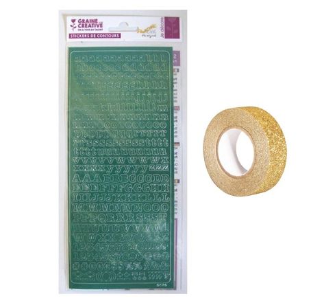 Stickers alphabet vert 10 5 x 23 2 cm + masking tape doré à paillettes 5 m