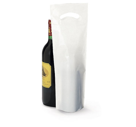 Sac plastique recyclé blanc pour bouteille avec soufflet à poignées découpées raja 15 x 44 5 x 8 cm (lot de 200)