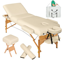 Tectake Table de massage Pliante 3 Zones, Tabouret, Rouleau + Housse - beige