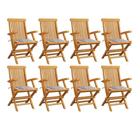 Vidaxl chaises de jardin et coussins à carreaux gris 8 pcs teck massif