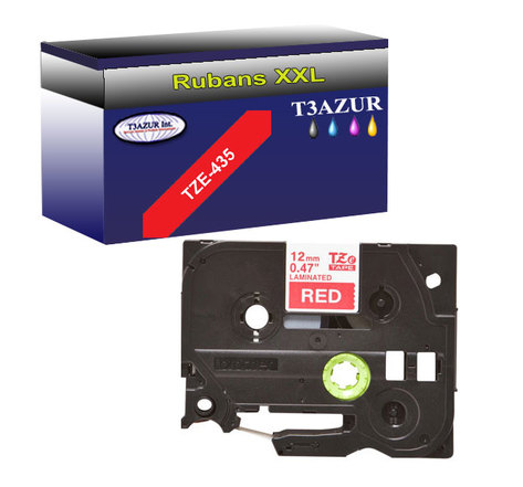 Ruban pour étiquettes laminées générique Brother Tze-435 pour étiqueteuses P-touch - Texte blanc sur fond rouge - Largeur 12 mm x 8 mètres - T3AZUR