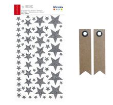 Stickers étoiles à paillettes argentées + 20 étiquettes kraft fanion