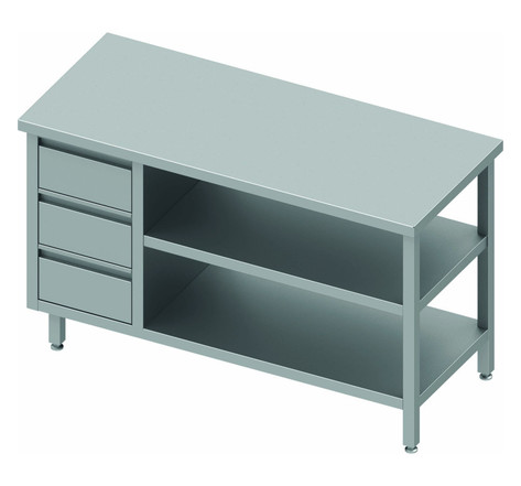 Table inox avec 3 tiroirs a gauche et 2 etagères - gamme 600 - stalgast -  - inox1600x600 x600x900mm