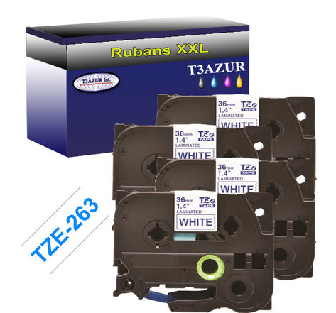 4 x Rubans pour étiquettes laminées générique Brother Tze-263 pour étiqueteuses P-touch - Texte bleu sur fond blanc - T3AZUR