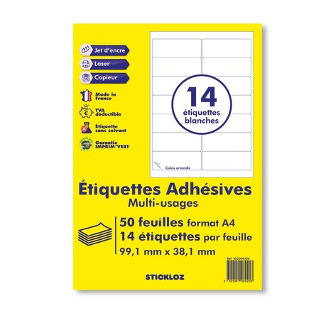 50 planches a4 de 14 = 700 étiquettes autocollantes papier adhésif blanc  - 99,1 x 38,1 mm - compatible mon timbre en ligne - (l7163) tva deductible