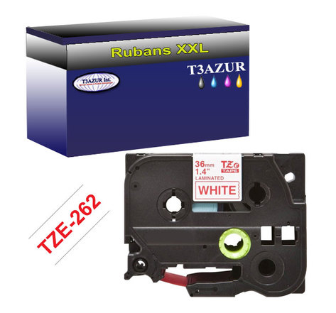 Ruban pour étiquettes laminées génériques Brother Tze-262 pour étiqueteuses P-touch - Texte rouge sur fond blanc - Largeur 36 mm x 8 mètres - T3AZUR