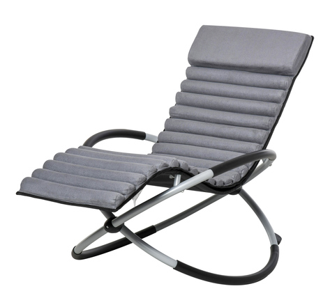 Chaise longue à bascule pliable rocking chair design contemporain avec matelas revêtement aspect daim métal textilène gris noir